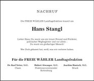 Traueranzeige Hans Stangl