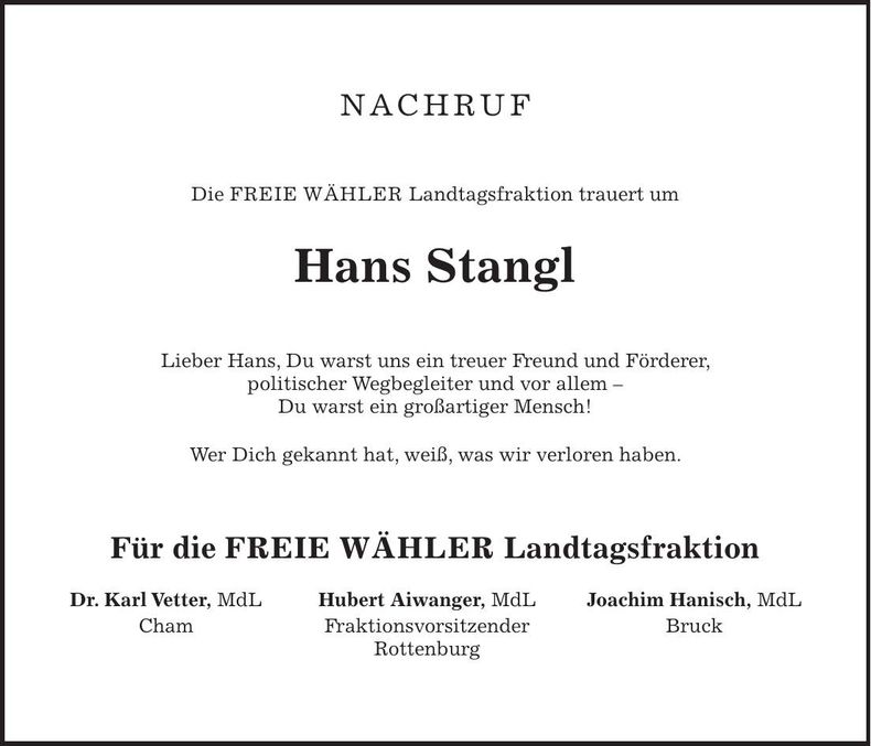 Traueranzeige Hans Stangl