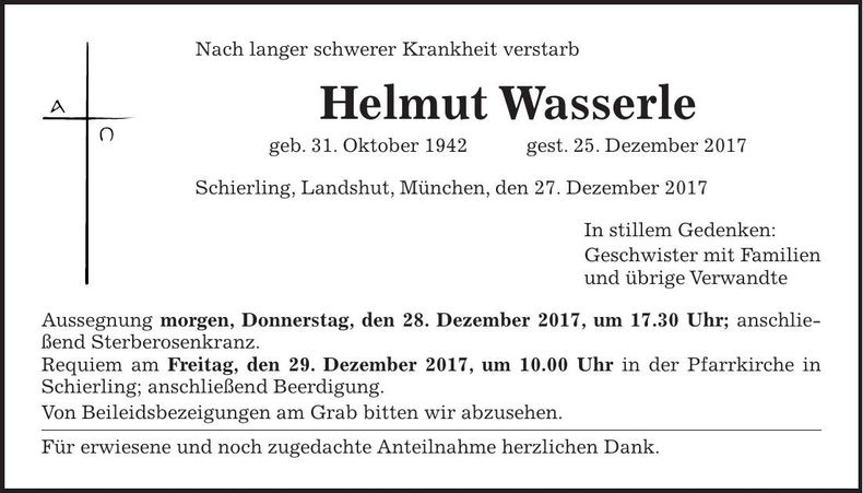 Traueranzeige Helmut Wasserle