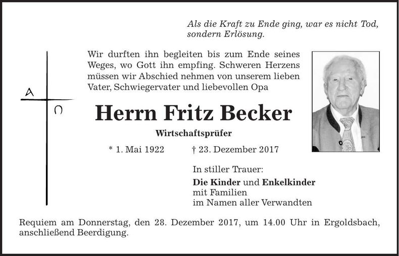 Traueranzeige Fritz Becker