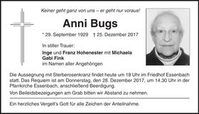 Traueranzeige Anni Bugs