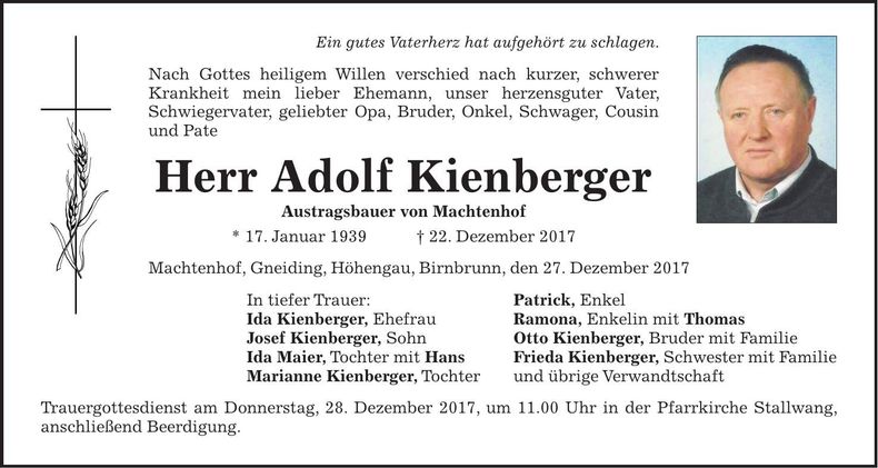 Traueranzeige Adolf Kienberger