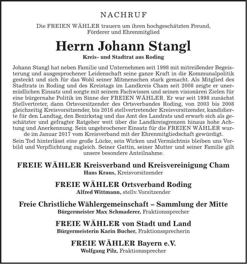 Traueranzeige Hans Stangl