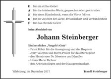 Traueranzeige Johann Steinberger