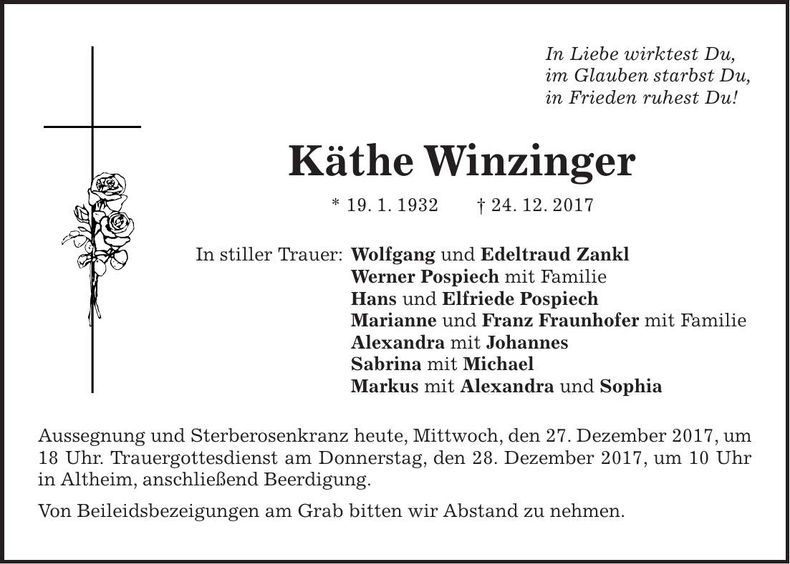 Traueranzeige Käthe Winzinger