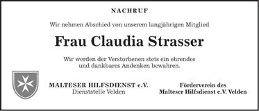Traueranzeige Claudia Strasser