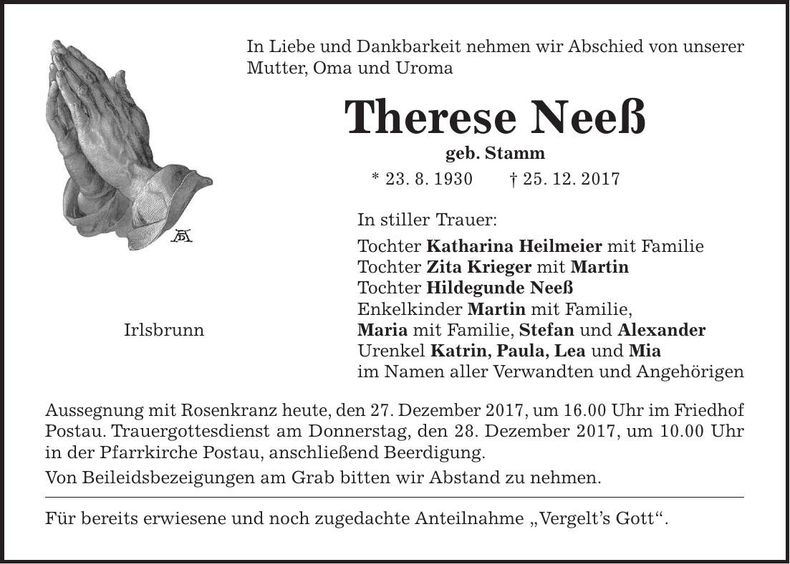 Traueranzeige Therese Neeß