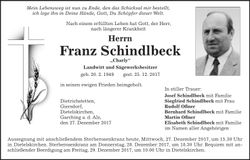 Traueranzeige Franz Schindlbeck