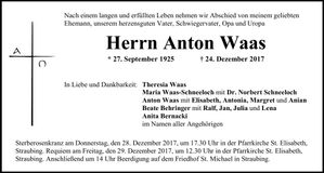 Traueranzeige Anton Waas