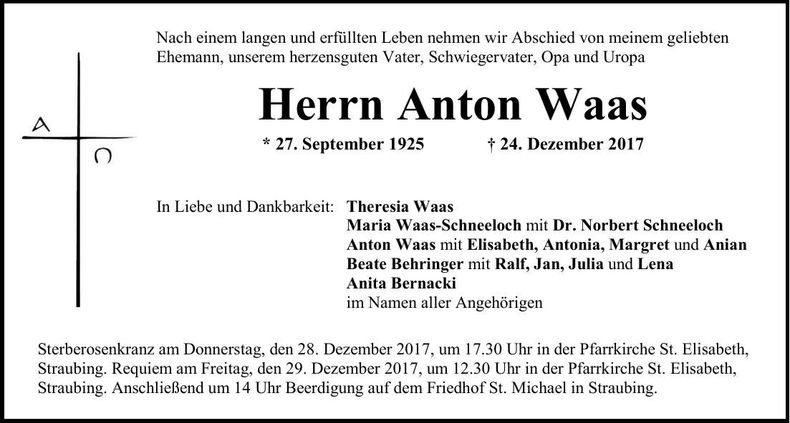 Traueranzeige Anton Waas