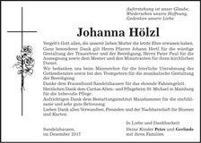 Traueranzeige Johanna Hölzl