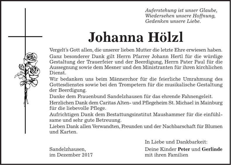 Traueranzeige Johanna Hölzl