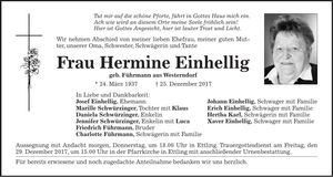 Traueranzeige Hermine Einhellig