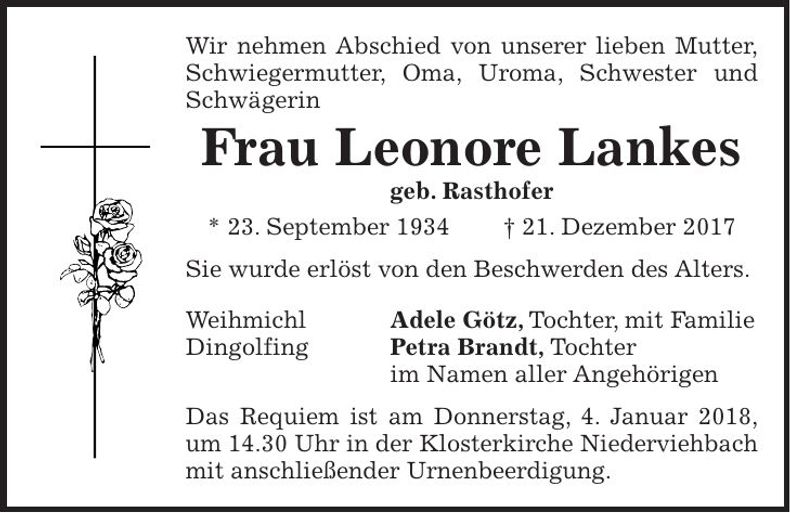 Traueranzeige Leonore Lankes