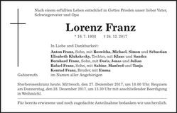 Traueranzeige Lorenz Franz