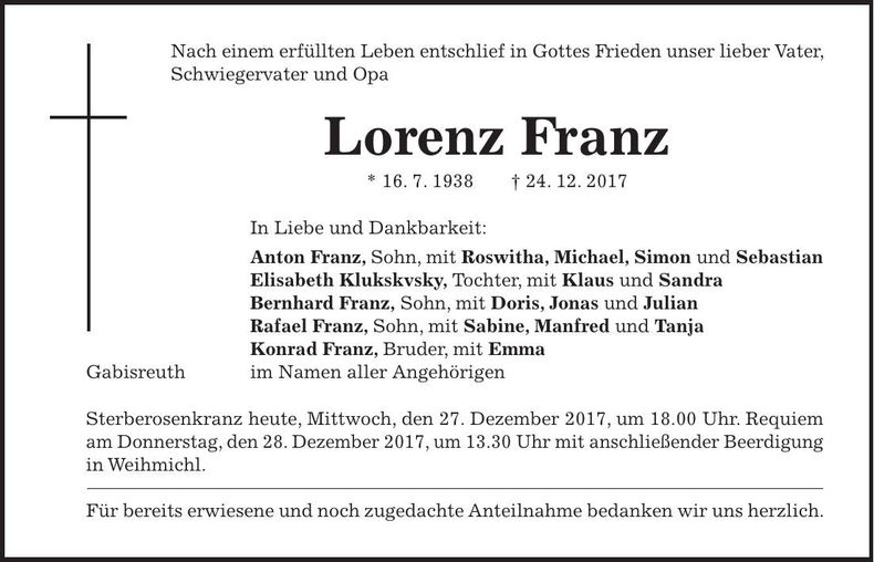 Traueranzeige Lorenz Franz