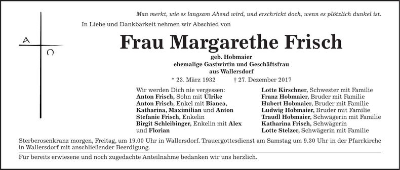 Traueranzeige Magarethe Frisch