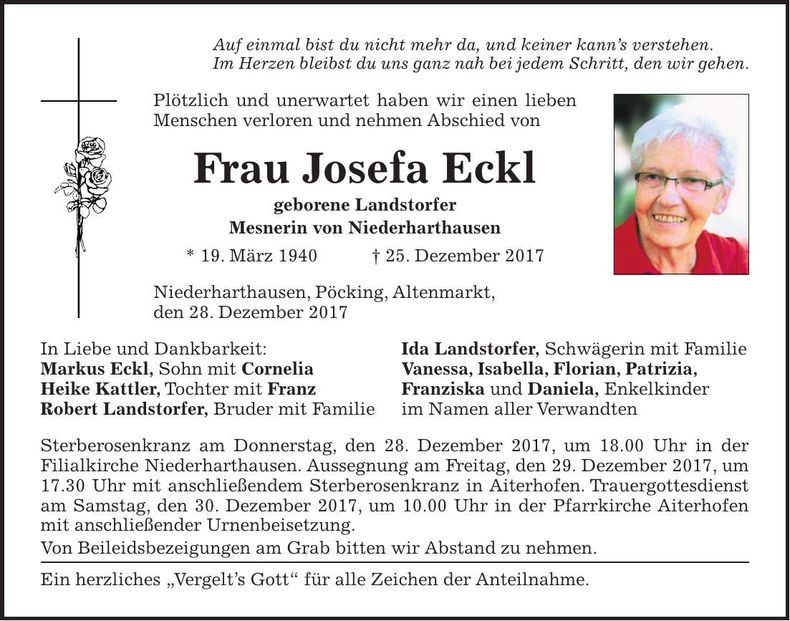 Traueranzeige Josefa Eckl