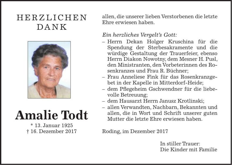 Traueranzeige Amalie Todt