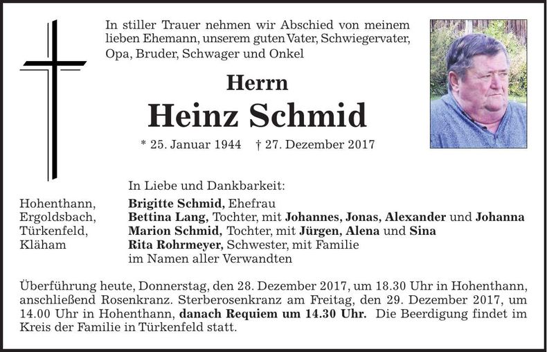 Traueranzeige Heinz Schmid