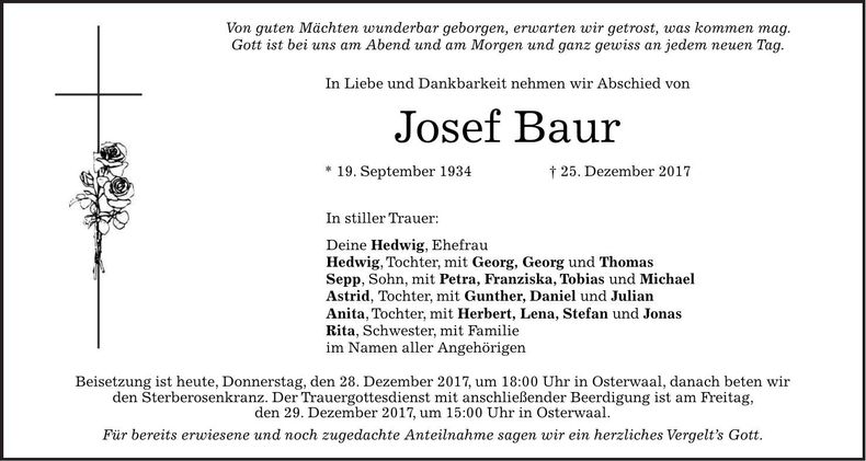 Traueranzeige Josef Baur