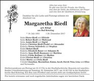 Traueranzeige Margaretha Riedl