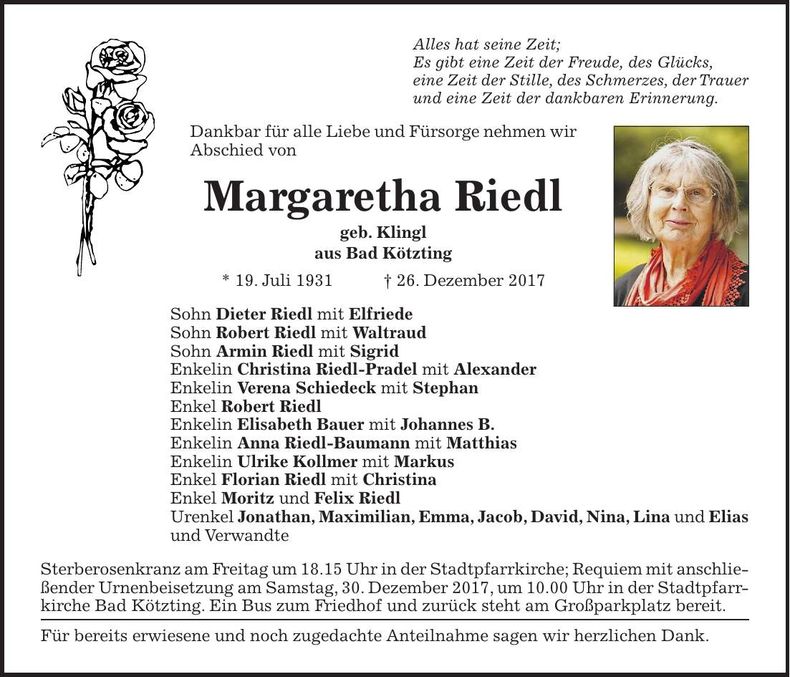 Traueranzeige Margaretha Riedl