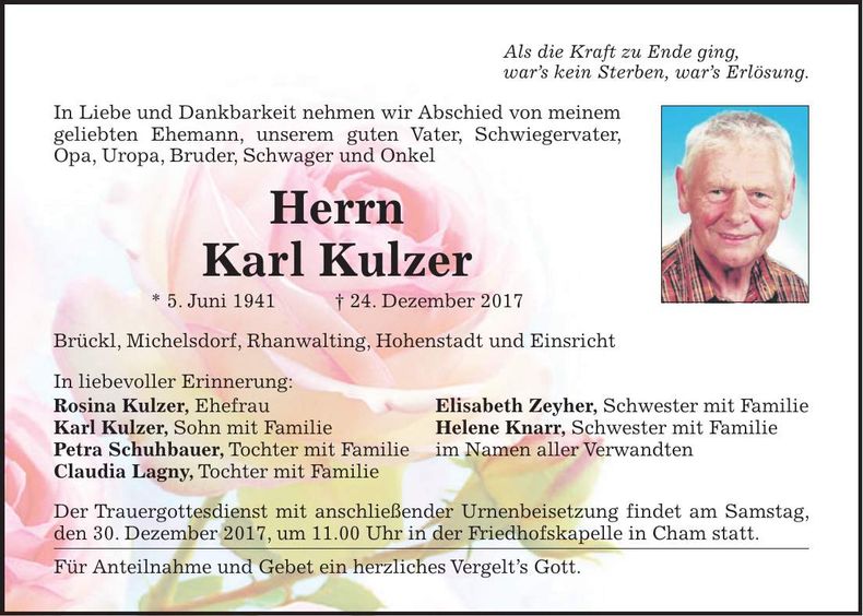 Traueranzeige Karl Kulzer