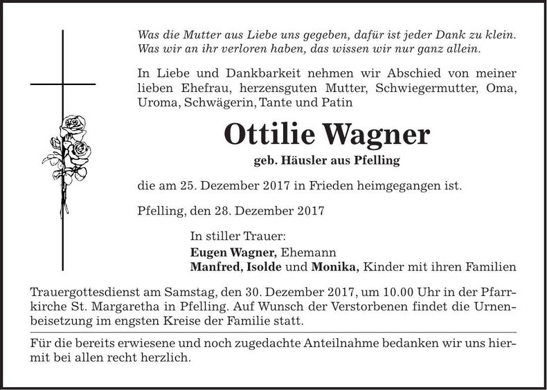 Traueranzeige Ottlilie Wagner