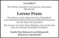 Traueranzeige Lorenz Franz