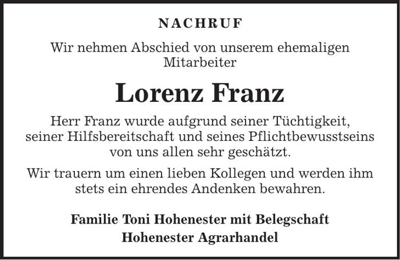 Traueranzeige Lorenz Franz