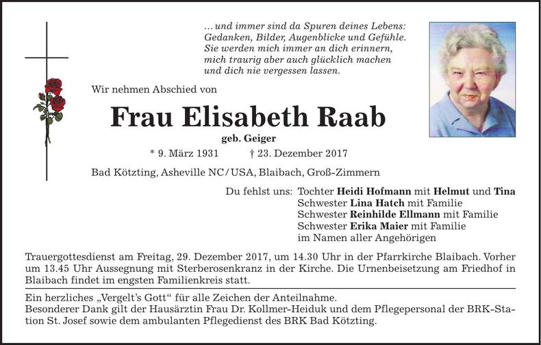 Traueranzeige Elisabeth Raab