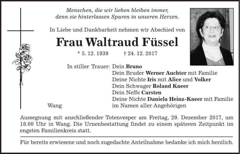 Traueranzeige Waltraud Füssel