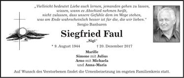Traueranzeige Siegfried Faul