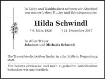 Traueranzeige Hilda Schwindl
