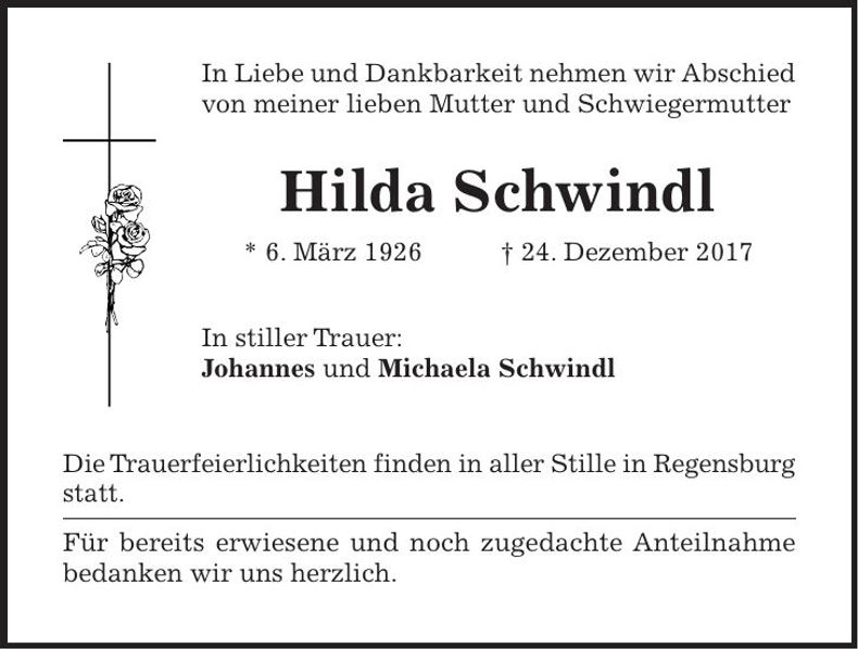 Traueranzeige Hilda Schwindl