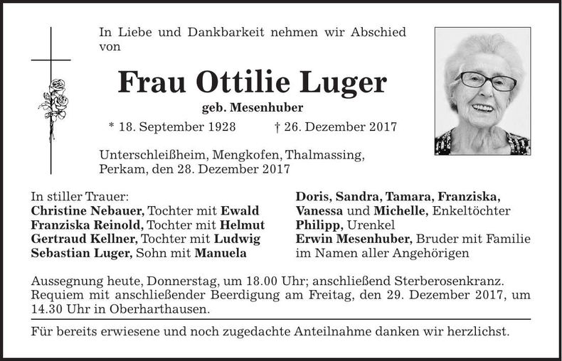 Traueranzeige Ottilie Luger