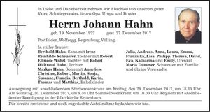 Traueranzeige Johann Hahn