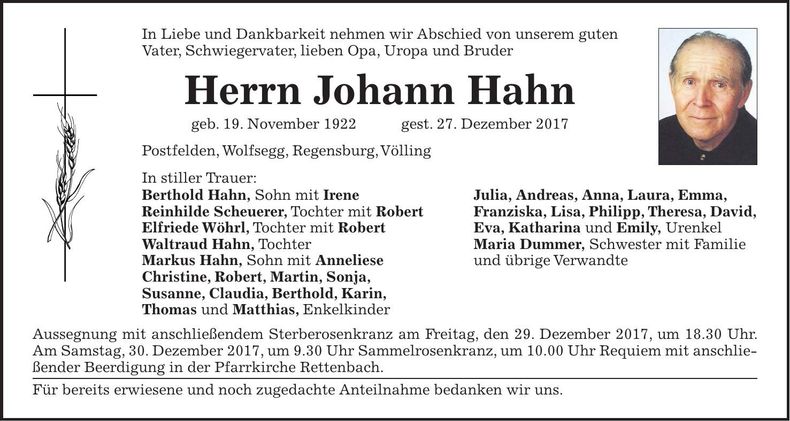 Traueranzeige Johann Hahn