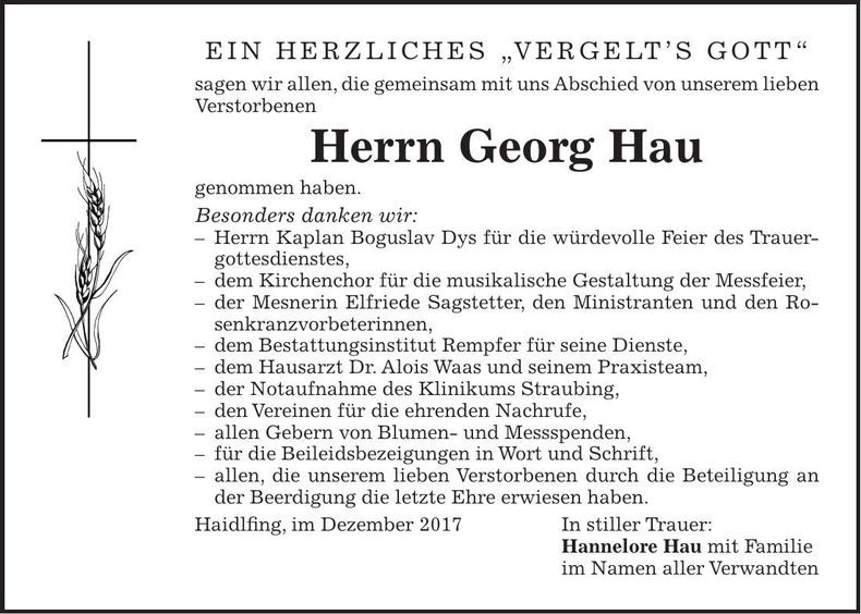 Traueranzeige Georg Hau