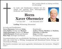 Traueranzeige Xaver Obermeier