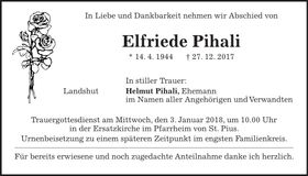 Traueranzeige Elfriede Pihali