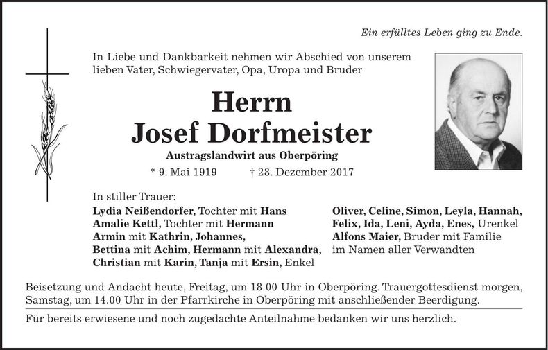 Traueranzeige Josef Dorfmeister