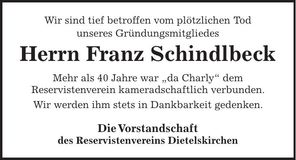 Traueranzeige Franz Schindlbeck