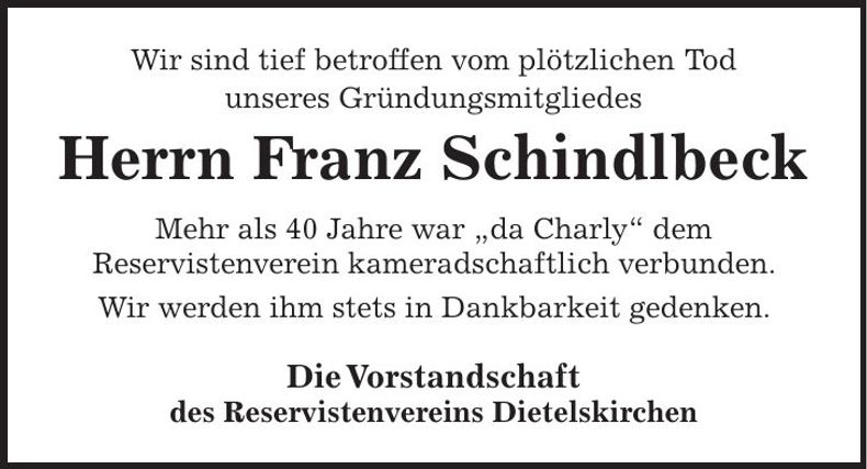 Traueranzeige Franz Schindlbeck