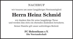 Traueranzeige Heinz Schmid