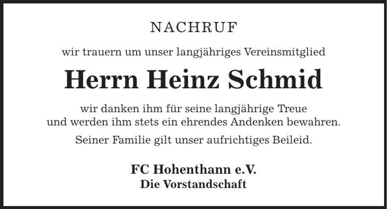 Traueranzeige Heinz Schmid