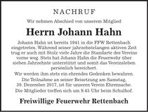Traueranzeige Johann Hahn