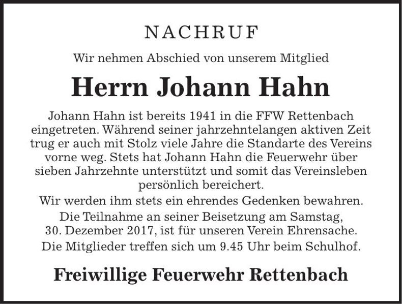 Traueranzeige Johann Hahn