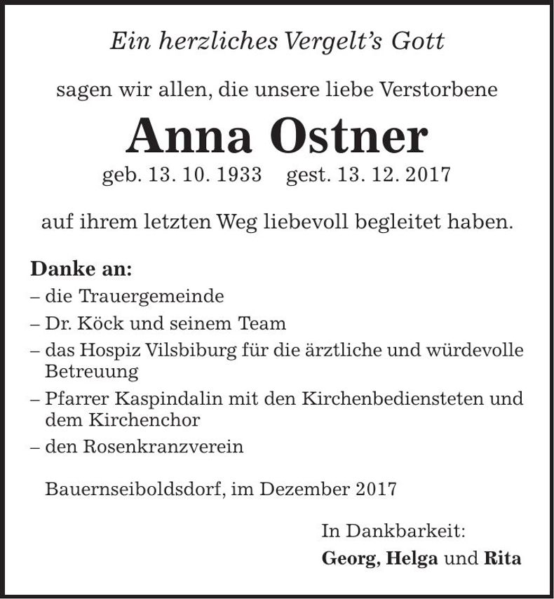 Traueranzeige Anna Ostner
